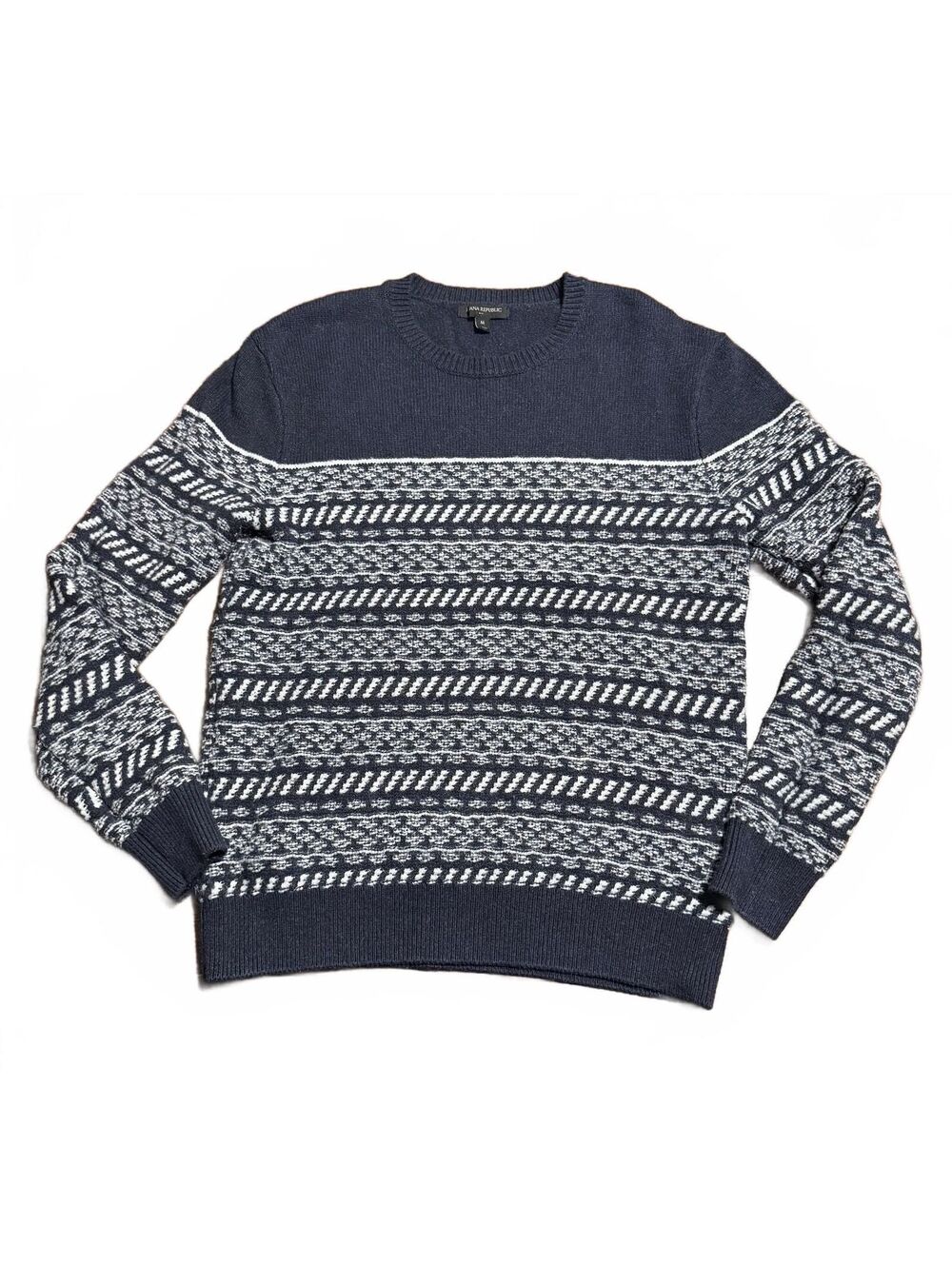 Banana Republic Mens Fair Isle Crew Neck Sweater M Navy Blue Geometric Textured